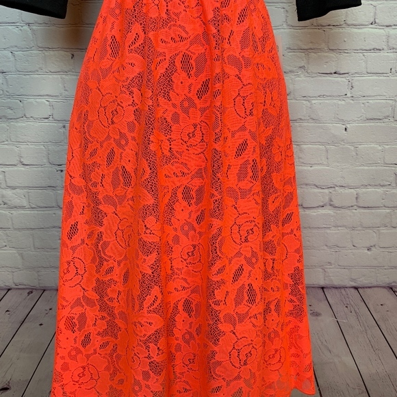 NWT Lola Lace Midi Skirt Bright sheer Coral over black high elastic waistband - Picture 7 of 8